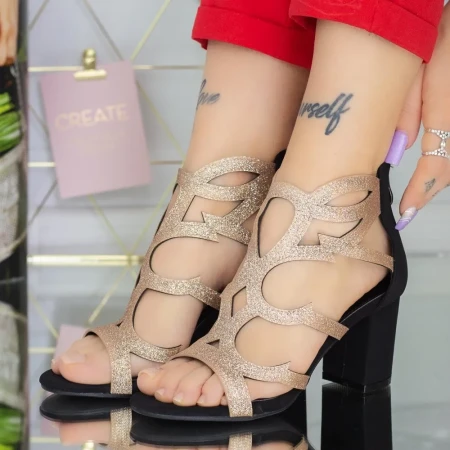 Sandale Dama cu Toc Gros XKK568 Negru-Champagne » Reina.Ro