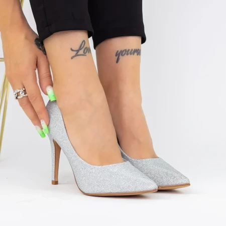 Pantofi cu Toc subtire XKK250B Argintiu » Reina.Ro