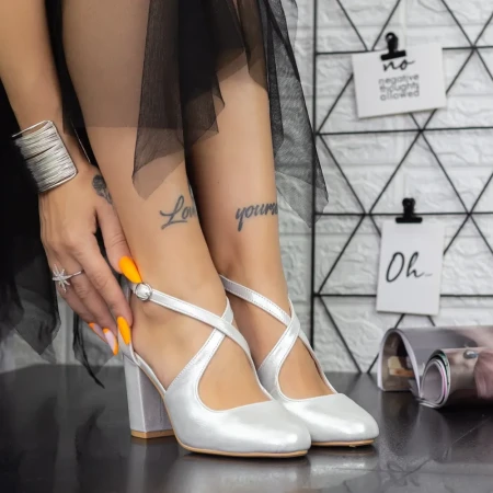 Pantofi cu Toc gros 2YXD31A Argintiu » Reina.Ro