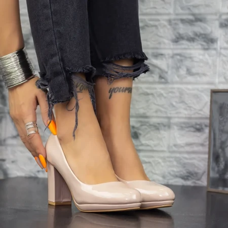 Pantofi cu Toc gros 2YXD33 Bej » Reina.Ro