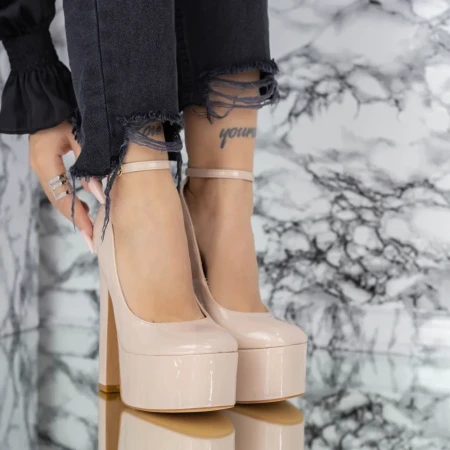 Pantofi cu Toc gros si Platforma 2XKK1 Bej » Reina.Ro