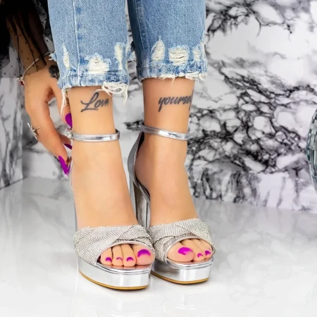 Sandale Dama cu Toc gros si Platforma 2HLX1 Argintiu » Reina.Ro