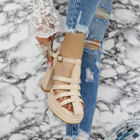 Sandale Dama cu Toc gros si Platforma FLD-1 Bej » Reina.Ro