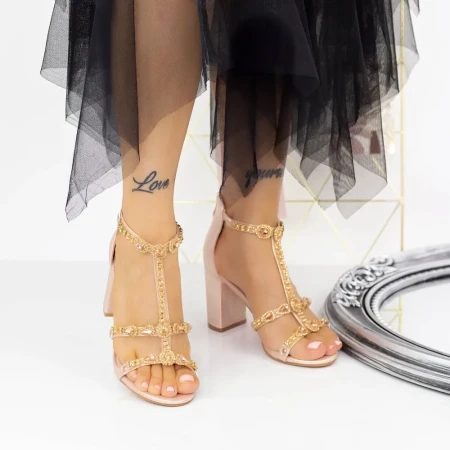 Sandale Dama cu Toc gros 2XKK117 Champagne » Reina.Ro