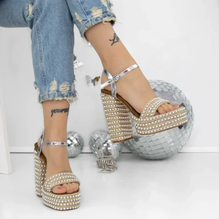 Sandale Dama cu Toc Gros si Platforma 3KV53 Argintiu » Reina.Ro