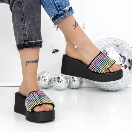 Papuci Dama cu Platforma 3GZ52 Negru-Multicolor » Reina.Ro