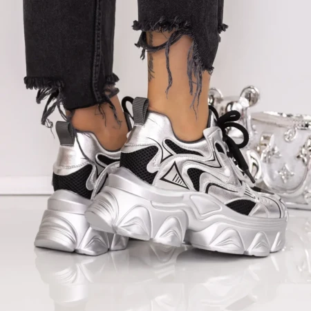 Pantofi Sport Dama cu Platforma 760-1 Argintiu-Negru | Mei » Reina.Ro