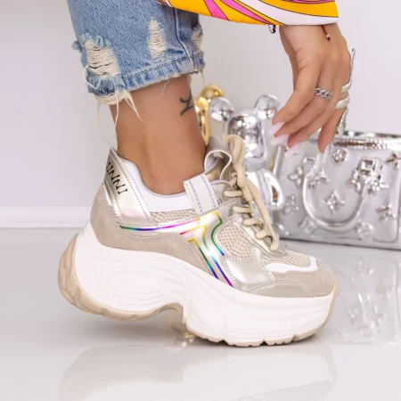 Pantofi Sport Dama cu Platforma 9157-2 Bej-Auriu | Mei » Reina.Ro