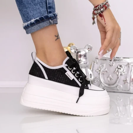 Pantofi Sport Dama cu Platforma 3359-2 Alb-Negru | Mei » Reina.Ro