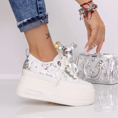 Pantofi Sport Dama cu Platforma 2066-1 Argintiu | Mei » Reina.Ro