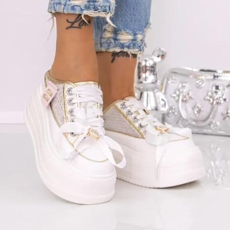 Pantofi Sport Dama cu Platforma 3359-5 Alb-Roz | Mei » Reina.Ro