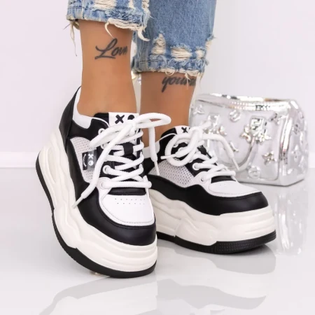 Pantofi Sport Dama cu Platforma 995-8 Alb-Negru | Mei » Reina.Ro