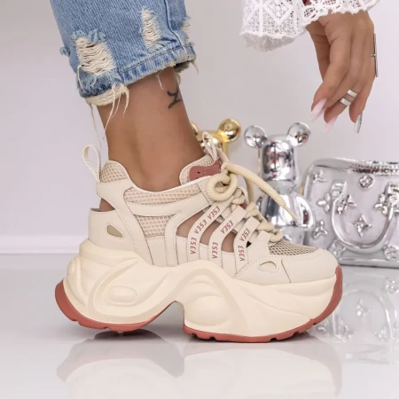 Pantofi Sport Dama cu Platforma 0098-120 Maro deschis | Mei » Reina.Ro