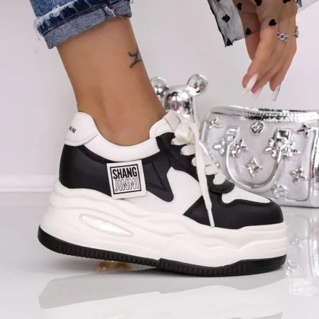 Pantofi Sport Dama cu Platforma 995-1 Alb-Negru | Mei » Reina.Ro