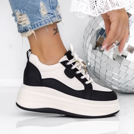 Pantofi Sport Dama cu Platforma 3AL35 Alb-Negru | Mei » Reina.Ro