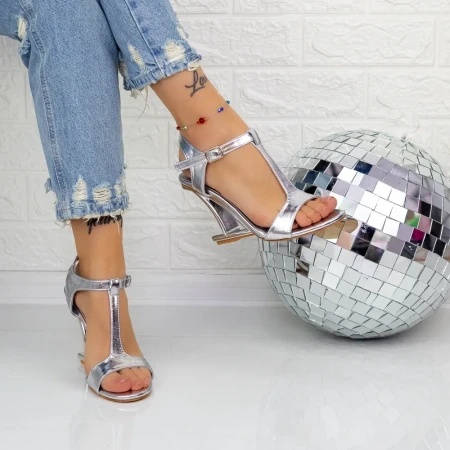 Sandale Dama cu Toc gros TN-75 Argintiu » Reina.Ro