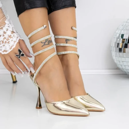 Pantofi cu Toc subtire 3XKK60 Auriu » Reina.Ro