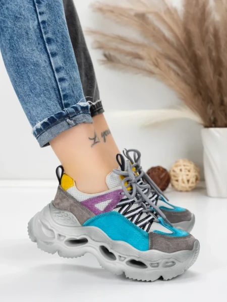 Pantofi Sport Dama din piele naturala HY6383 LIGHT BLUE-YELLOW | FRANCO GERARDO