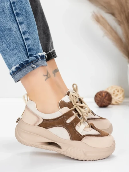 Pantofi Sport Dama din piele naturala 2577 CREAM-COFFEE | FRANCO GERARDO