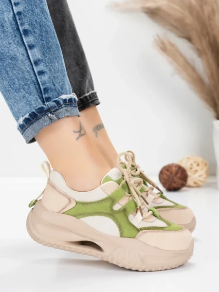 Pantofi Sport Dama din piele naturala 2577 CREAM-LIGHT GREEN | FRANCO GERARDO