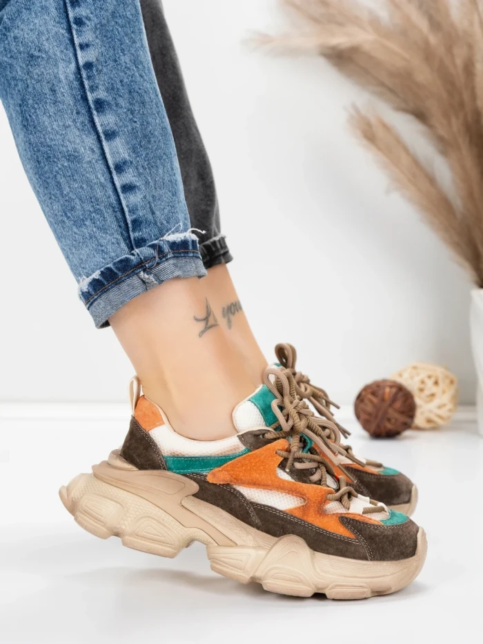 Pantofi Sport Dama din piele naturala HY5798 COFFEE-LIGHT GREEN | FRANCO GERARDO