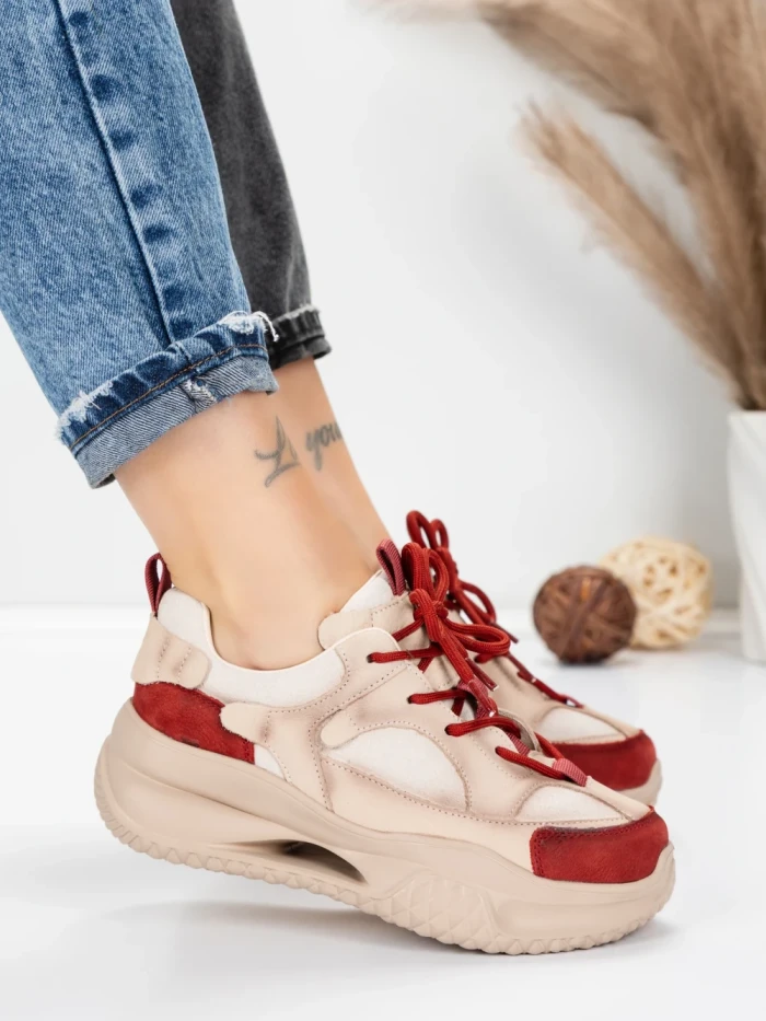 Pantofi Sport Dama din piele naturala 2576 CREAM-RED | ADVANCER