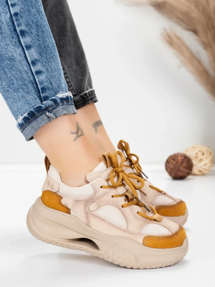 Pantofi Sport Dama din piele naturala 2576 CREAM-YELLOW | ADVANCER
