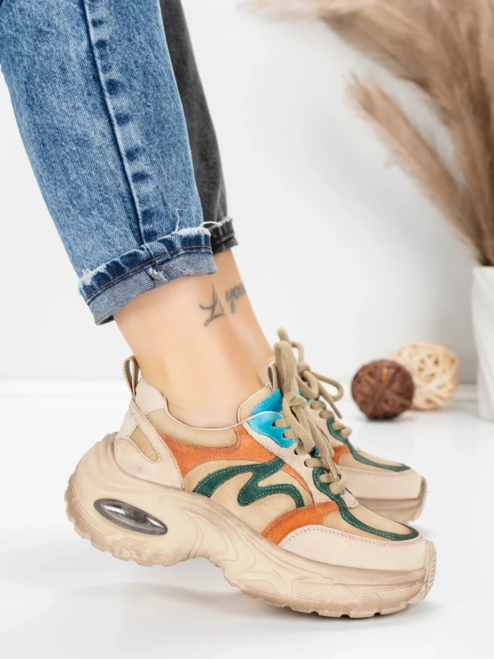 Pantofi Sport Dama din piele naturala HY2128 CREAM-GREEN | FRANCO GERARDO