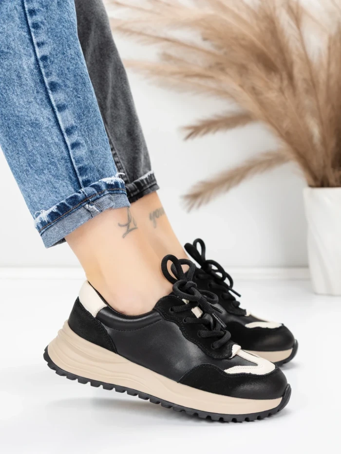 Pantofi Sport Dama din piele naturala 572305 BLACK-CREAM | FRANCO GERARDO