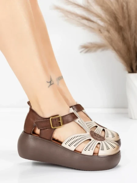 Sandale Dama din piele naturala 10682 CREAM-BROWN | ADVANCER