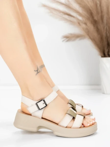 Sandale Dama din piele naturala 251077 CREAM-GREEN | ADVANCER