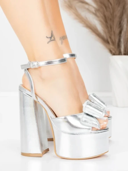Sandale Dama cu Toc Gros si Platforma 3KV52 Argintiu | Mei » Reina.Ro