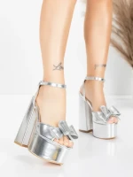 Sandale Dama cu Toc Gros si Platforma 3KV52 Argintiu | Mei » Reina.Ro