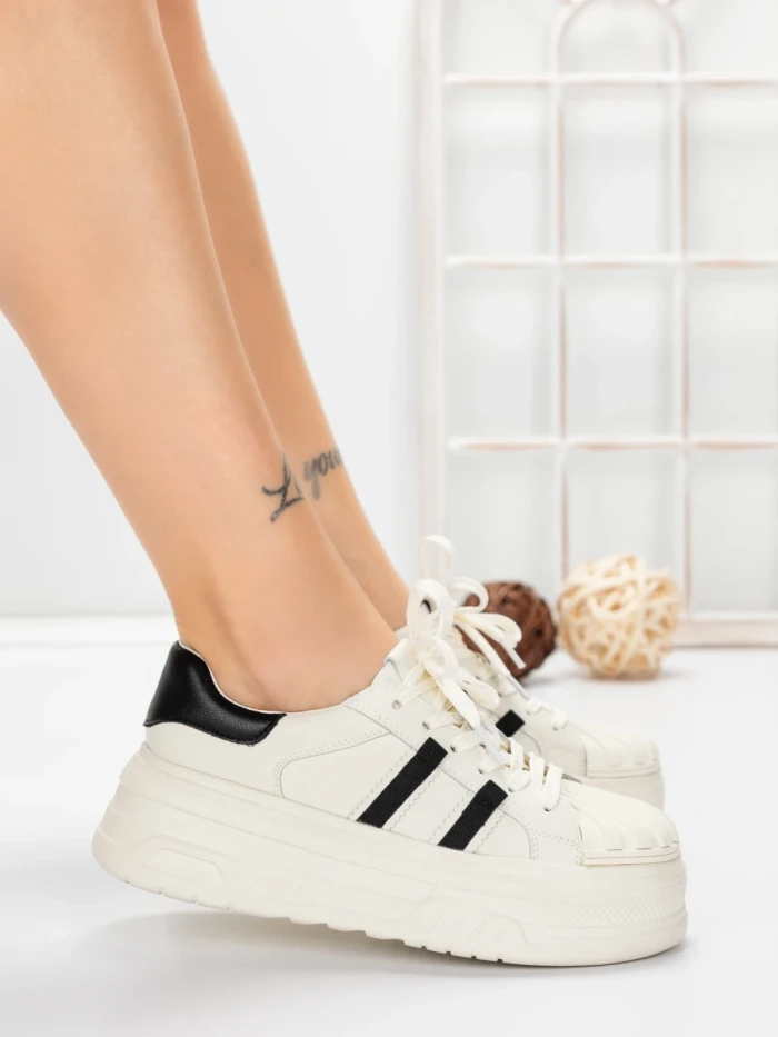 Pantofi Sport Dama din piele naturala P58023 WHITE-BLACK | BERLINER