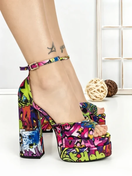 Sandale Dama cu Toc Gros si Platforma 9288-2 RED-YELLOW | CHERIE