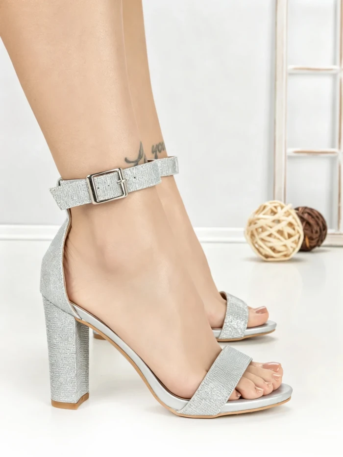 Sandale Dama cu Toc Gros 168-5B SILVER | CHERIE