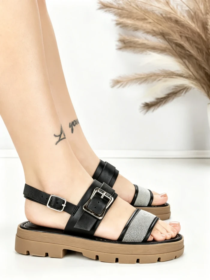 Sandale Dama cu Talpa Joasa TH-7 BLACK | STEPHAN