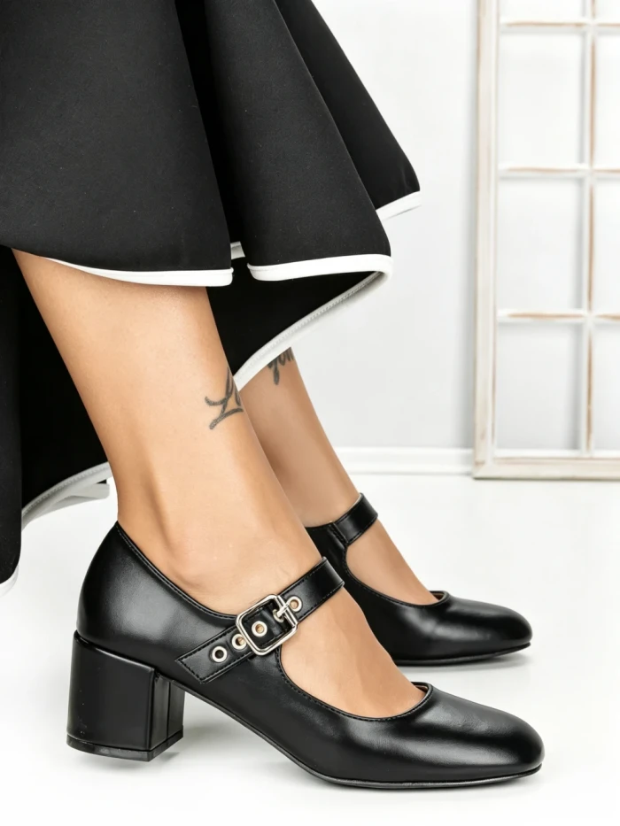 Pantofi cu Toc Gros 77-558 BLACK | CM