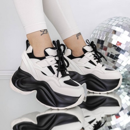 Pantofi Sport Dama cu Platforma 3SJN26 Negru-Alb | Reina